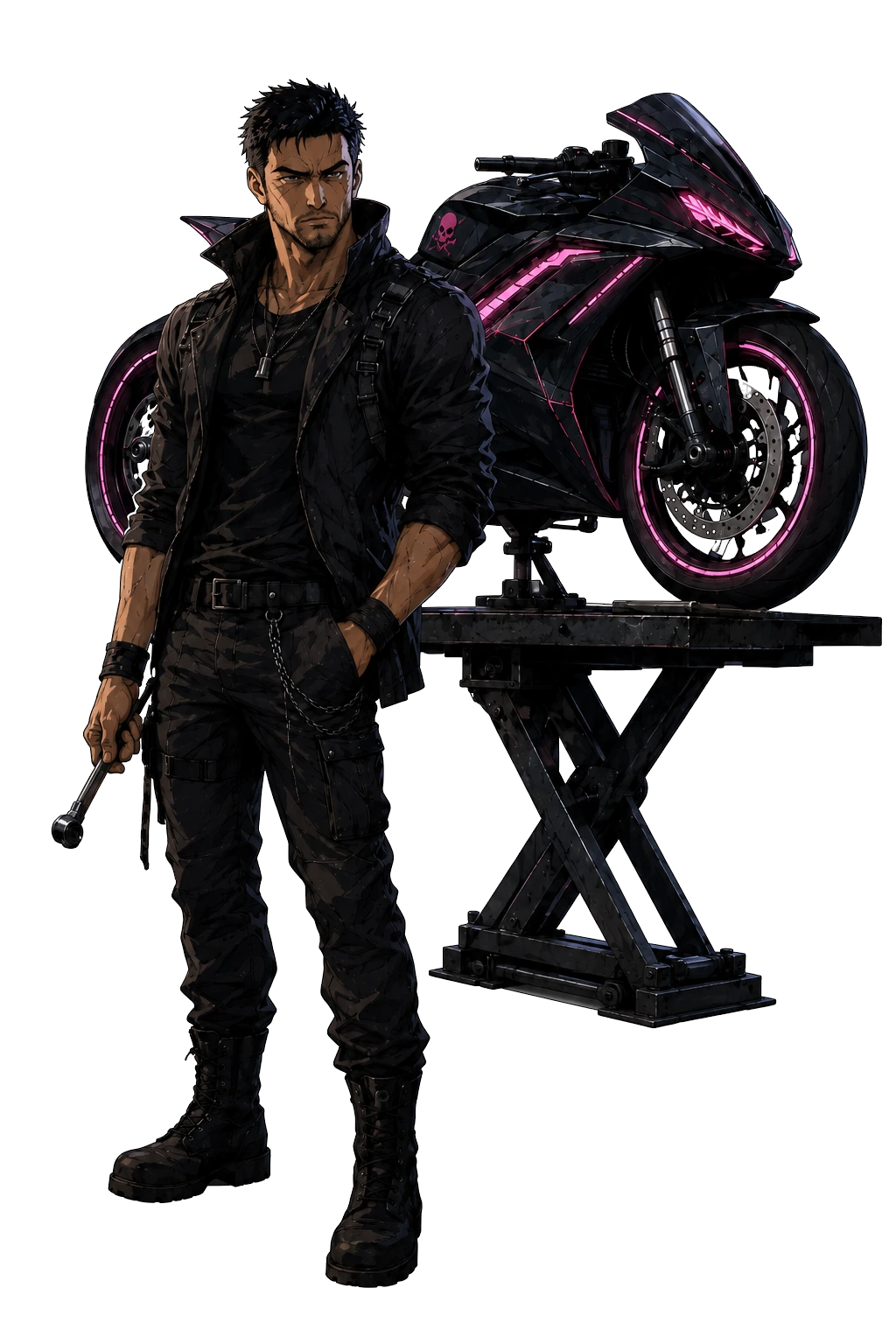 John standing in work clothes beside a black motorcycle raised on a garage lift.