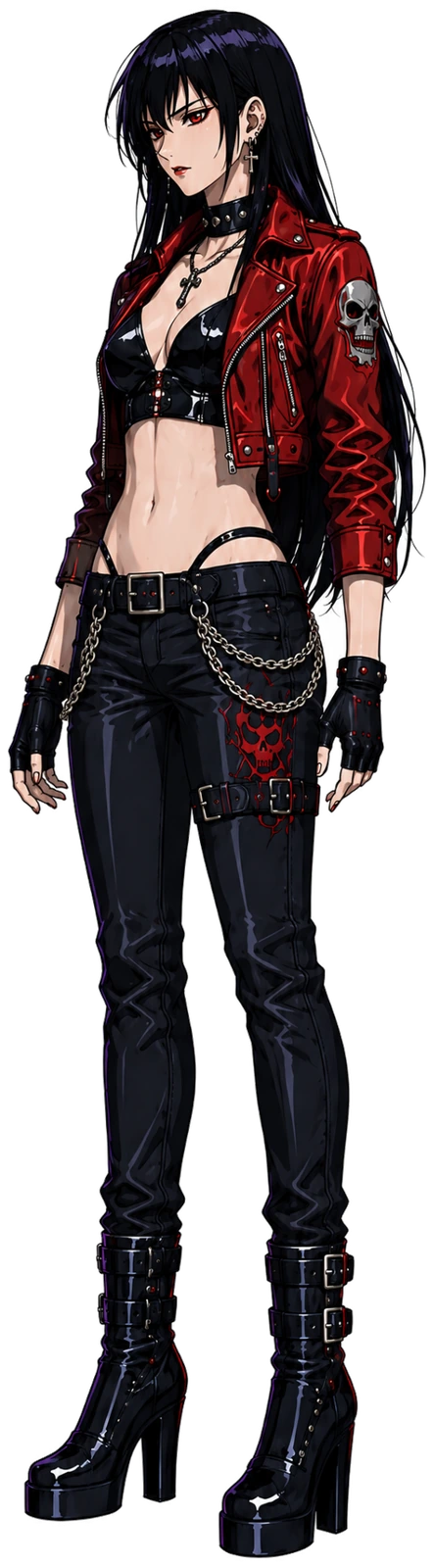 Raven wearing a red cropped biker jacket, black riding clothes and buckled platform boots.