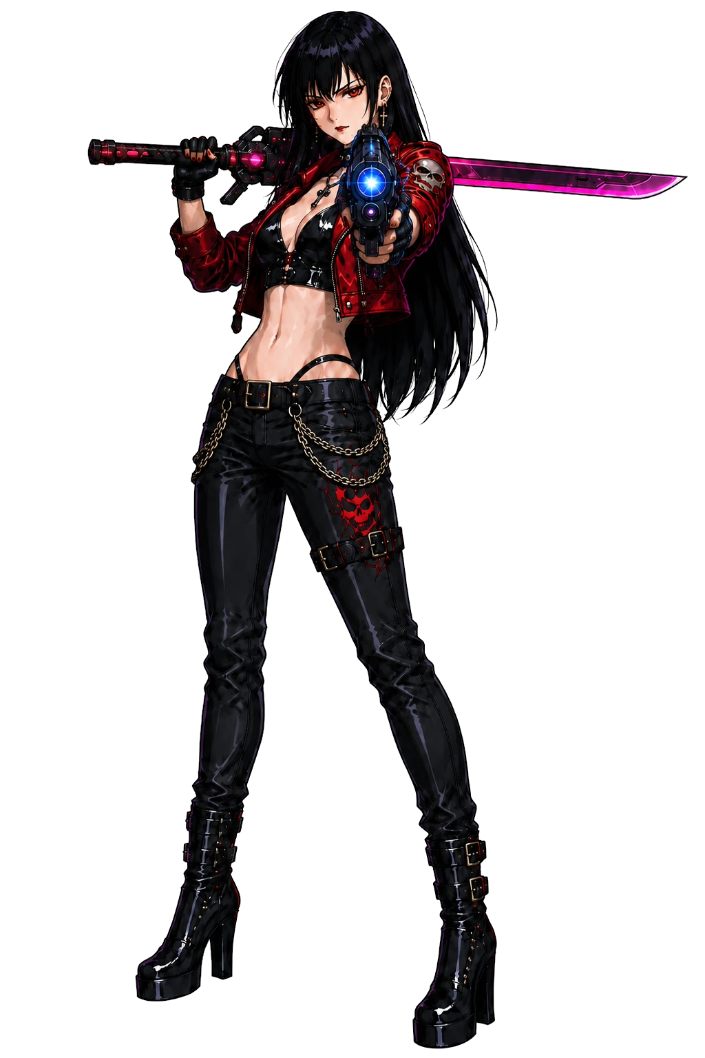 Raven wearing a red cropped biker jacket and black riding clothes, aiming an energy pistol with a glowing mono-blade across her shoulder.